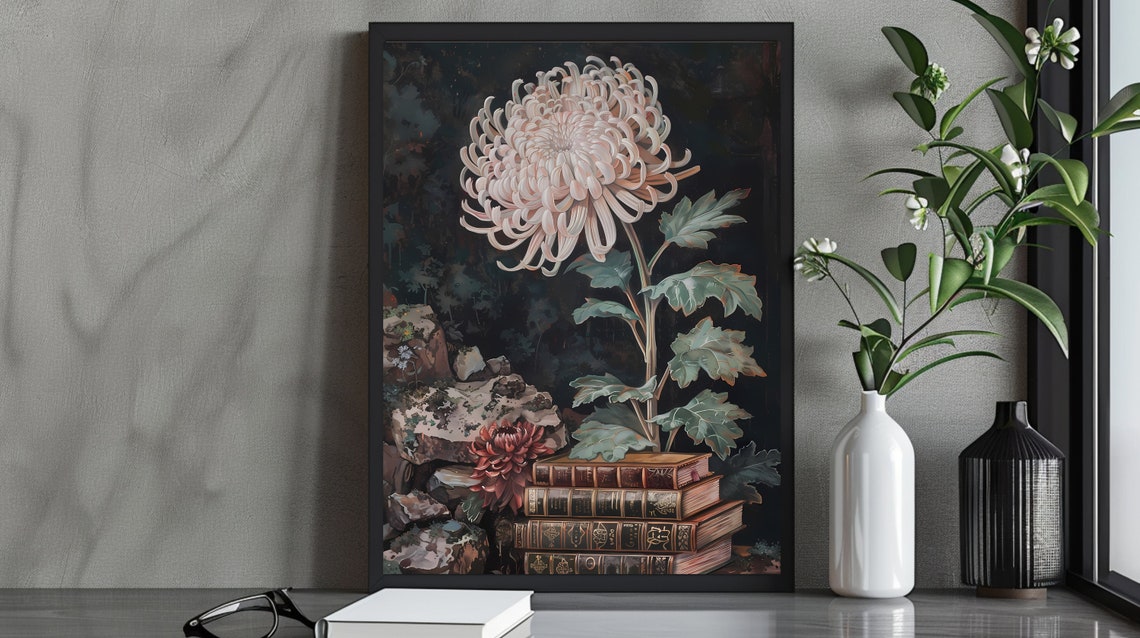 Dark Moody Chrysanthemum Botanical Art with Vintage Books Poster