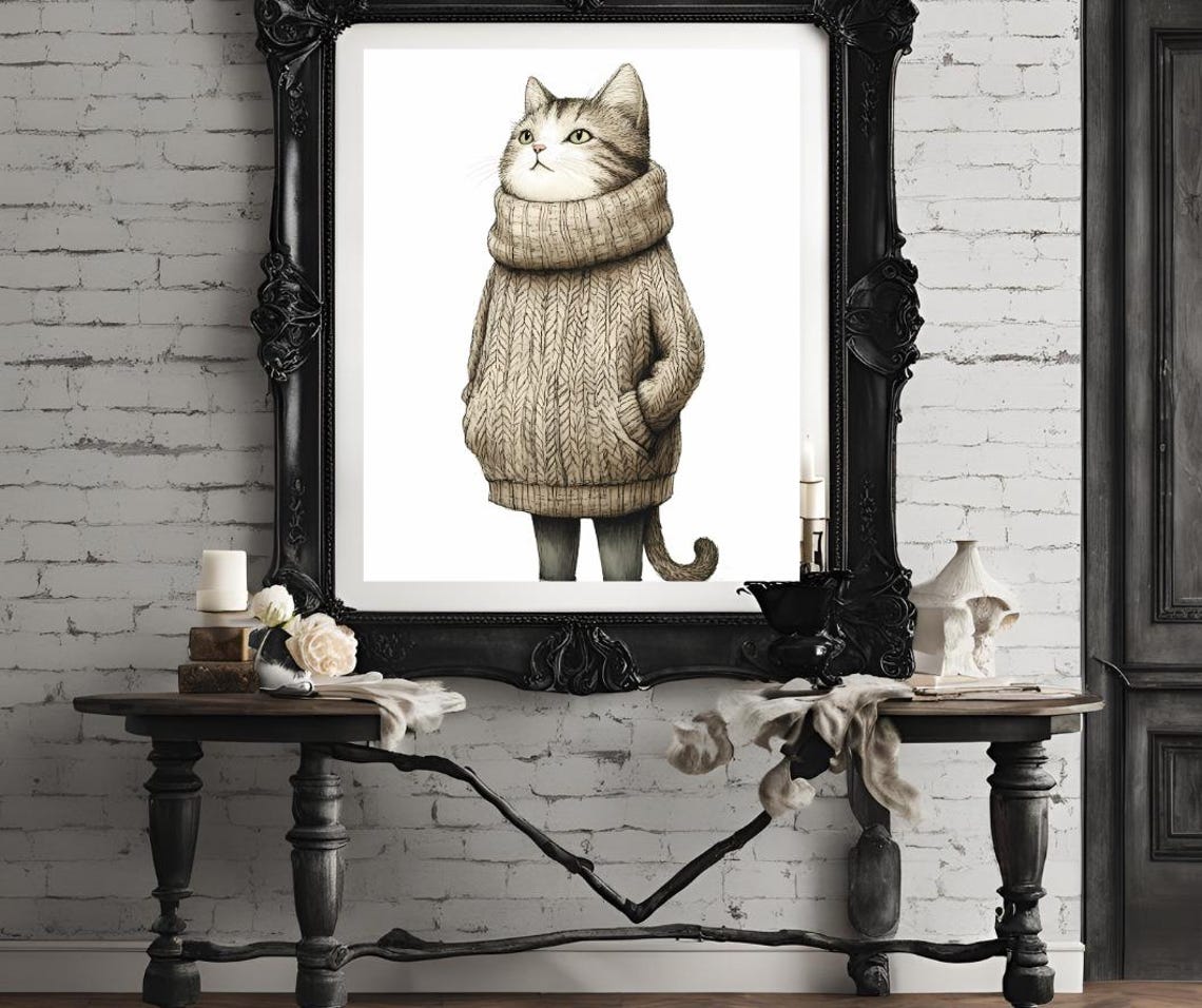 Tall Grey Cat In Oversized Cream Cable Knit Sweater Funny Poster - Image 4