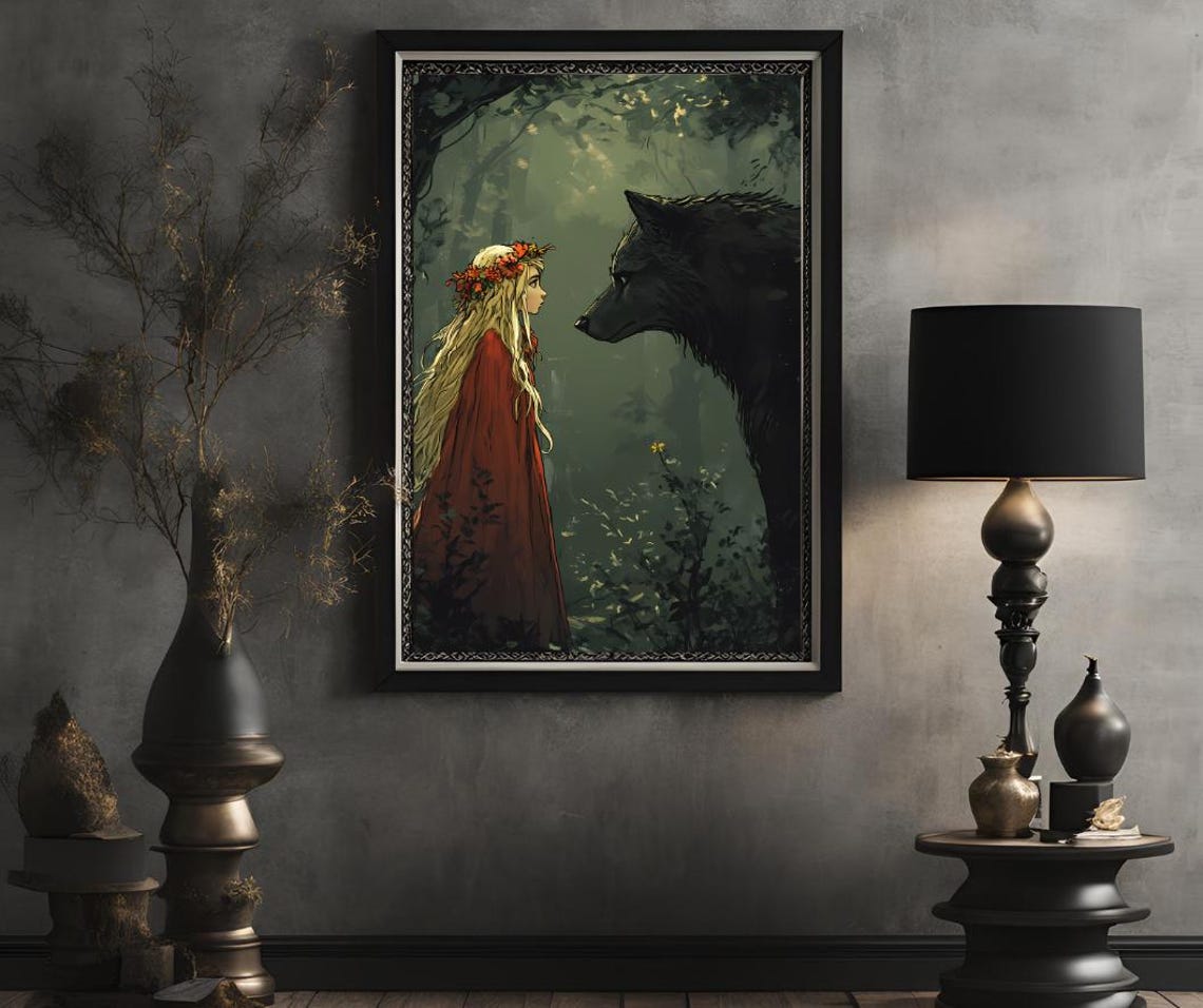 Little Red Riding Hood Facing Black Wolf Forest Anime Style Poster - Image 2