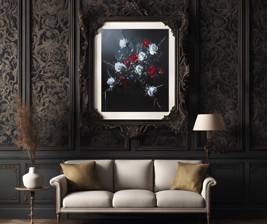 Red and White Roses Bouquet on Black Background Moody Floral Poster - Image 3
