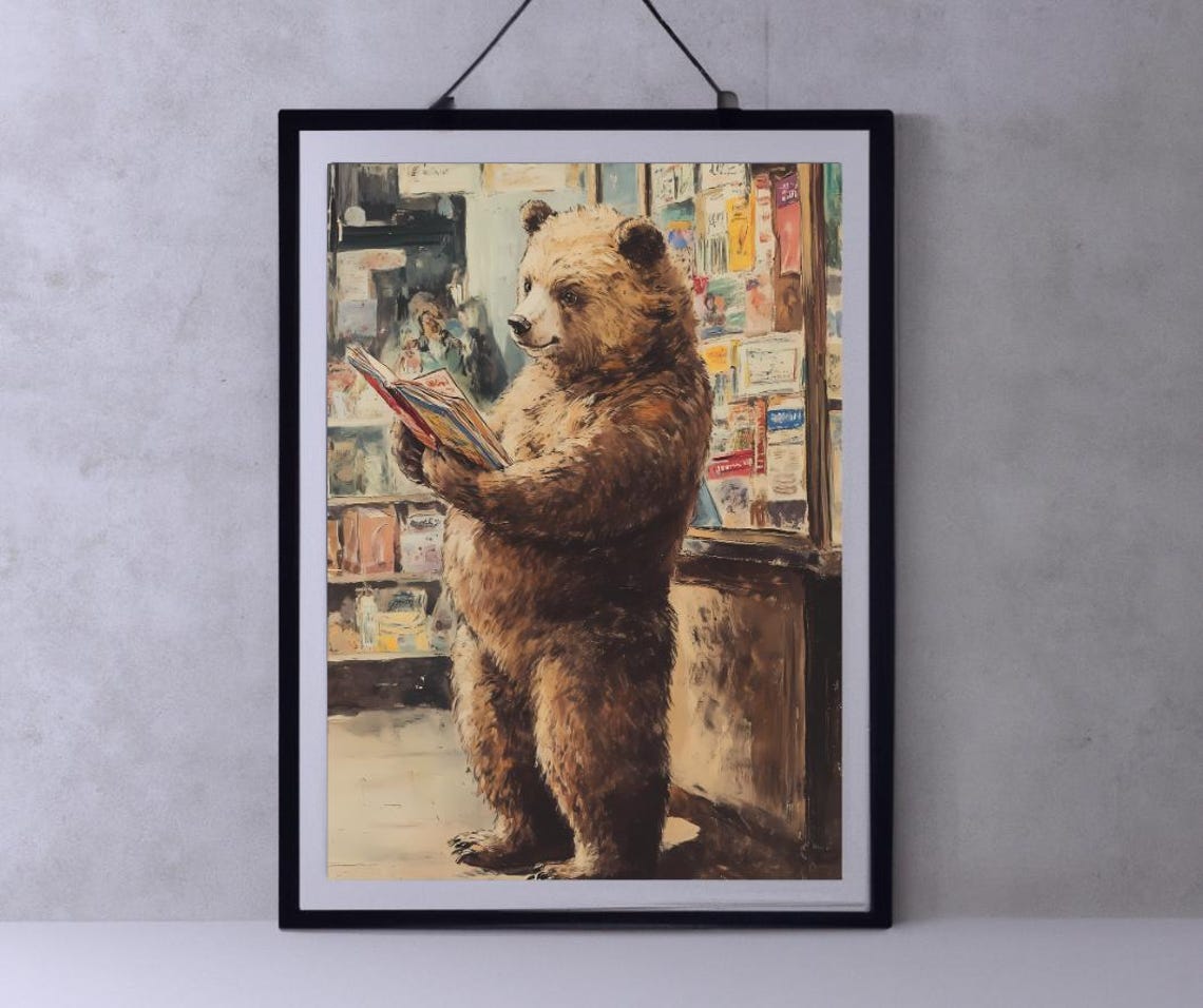 Whimsical Bear Reading Bookstore Vintage Book Lover Gift Art Poster - Image 4