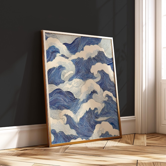 Minimalist Japanese Waves Zen Ocean Line Art Poster Coastal Blue Wall Print Calm Sea Decor