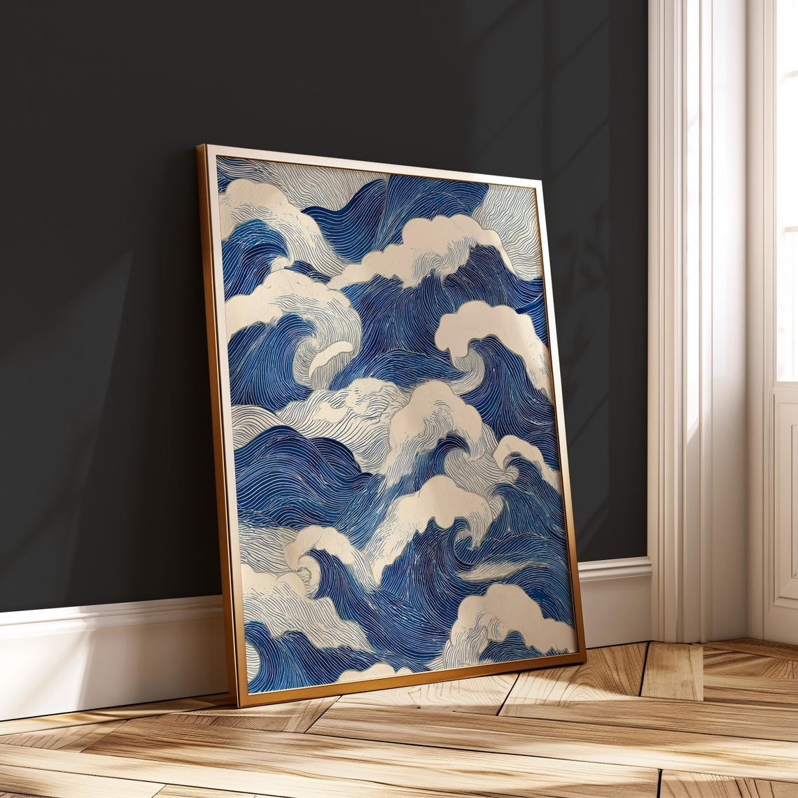 Japanese Ocean Wave Line Art Blue Sea Zen Minimalist Style Wall Art