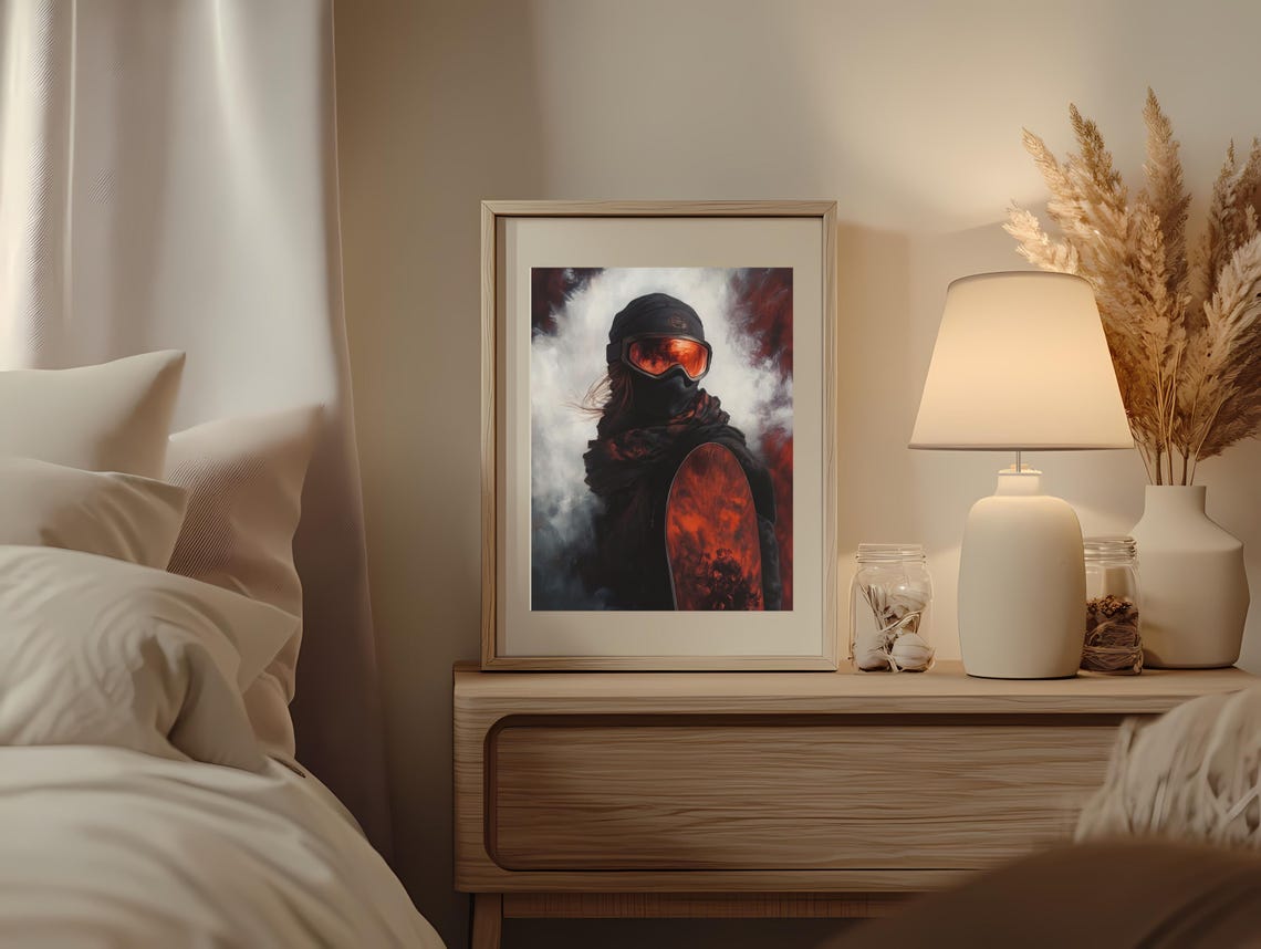 Fiery Red Snowboarder Portrait Orange Goggles Dramatic Winter Poster - Image 2