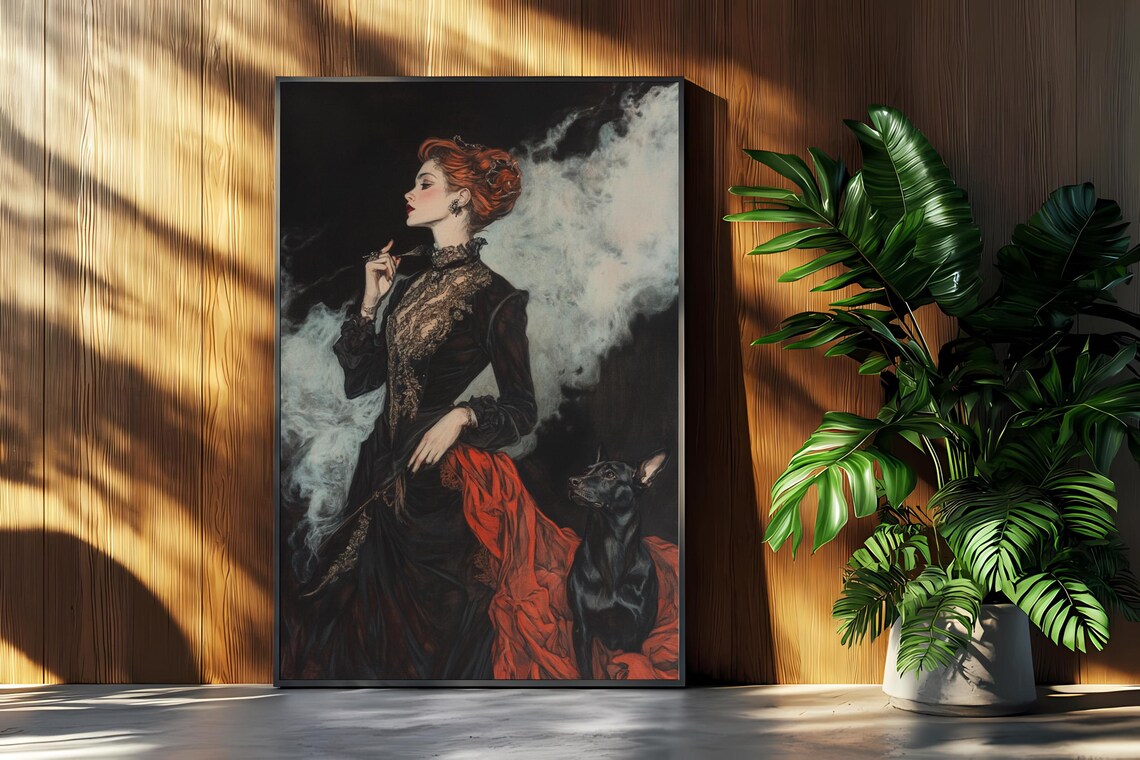 Victorian Woman With Dog, Gothic Home Decor Art Print