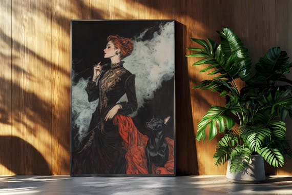 Victorian Woman With Dog, Gothic Home Decor Art Print