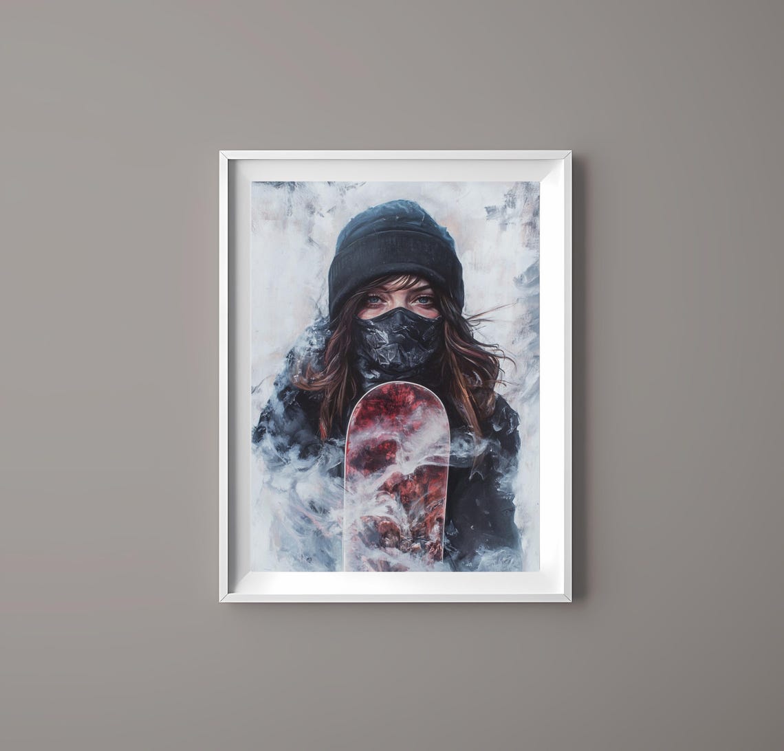 Masked Female Snowboarder Misty Mountain Winter Portrait Poster - Image 4