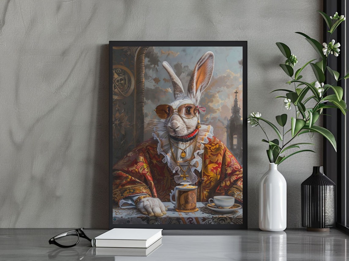 Elegant Hare Gentleman in a Victorian Robe Enjoying Coffee Poster