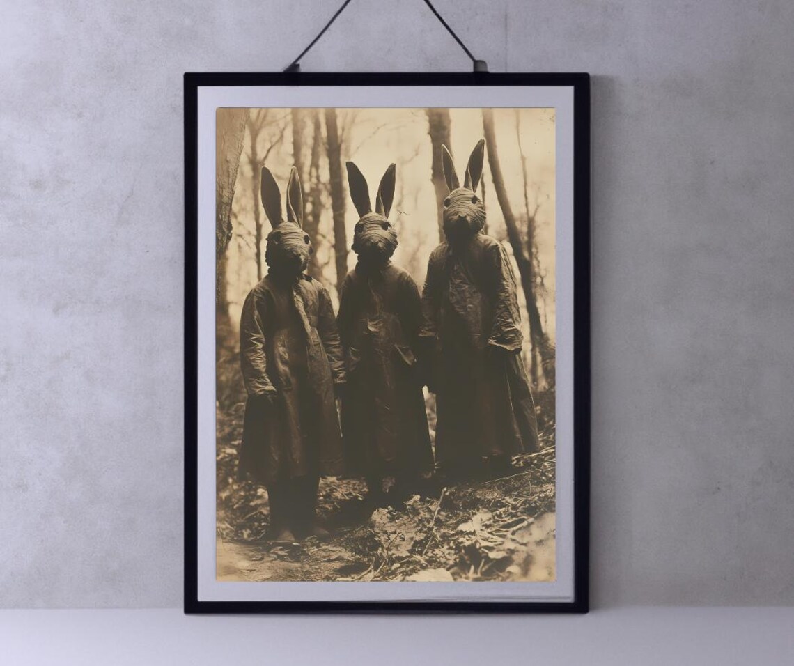 Creepy Rabbit Masked Figures Vintage Forest Photo Style Art Poster