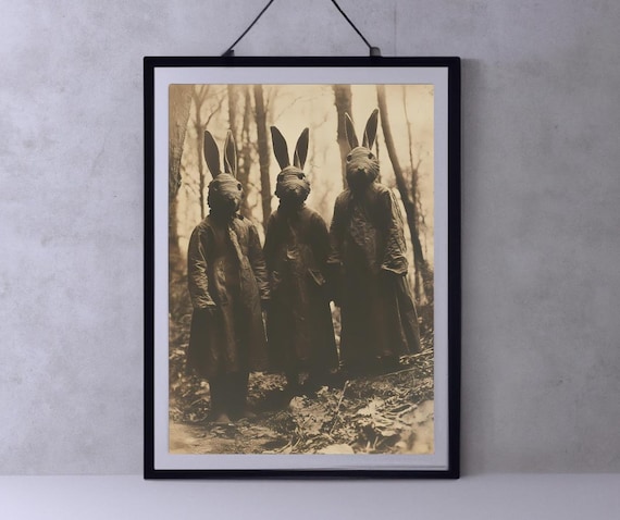 Creepy Rabbit Masked Figures Vintage Forest Photo Style Art Poster