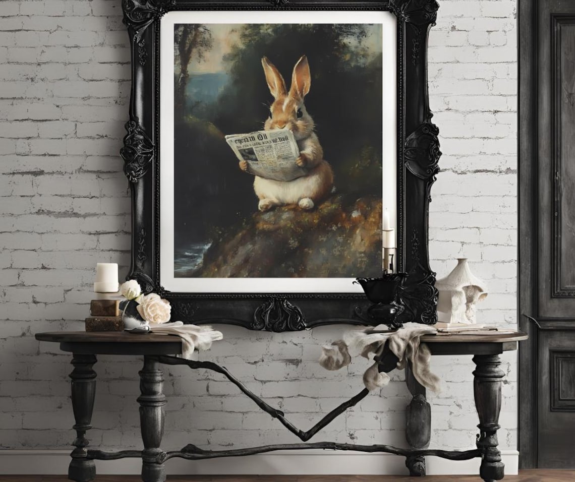 Whimsical Rabbit Reading Newspaper Rustic Woodland Oil Style Art Poster - Image 4