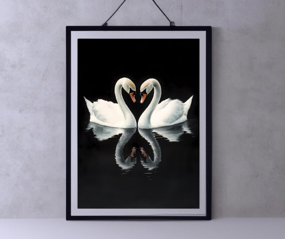 Two White Swans Facing Each Other With Heart Shaped Necks Black Wall Art