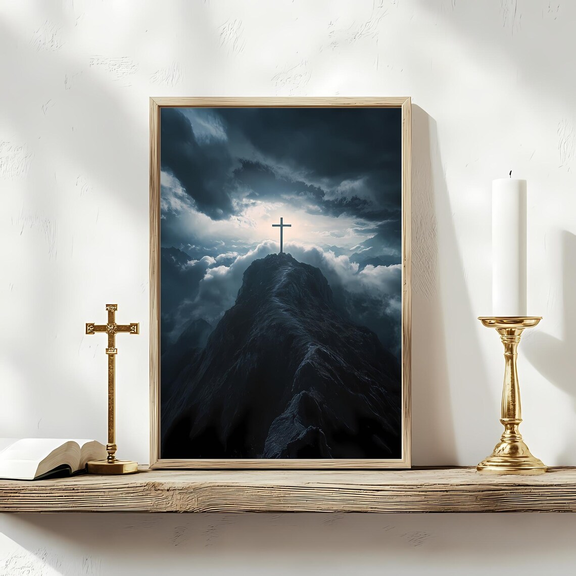 Cross On Mountain Peak Christian Wall Art Print