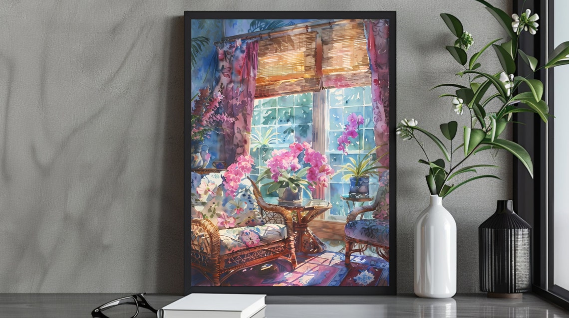 Bright Sunlit Conservatory with Pink Orchids Watercolor Art Poster