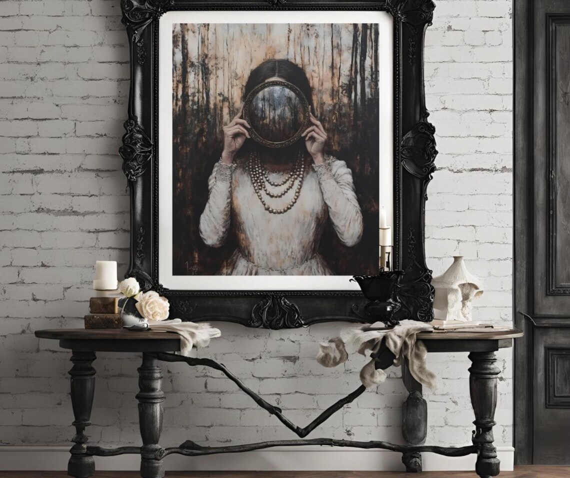 Woman Holding Mirror Over Face In Dark Forest Portrait Poster - Image 4