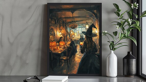 Witch Feast in Candlelit Tavern with Pumpkins Autumn Art Poster
