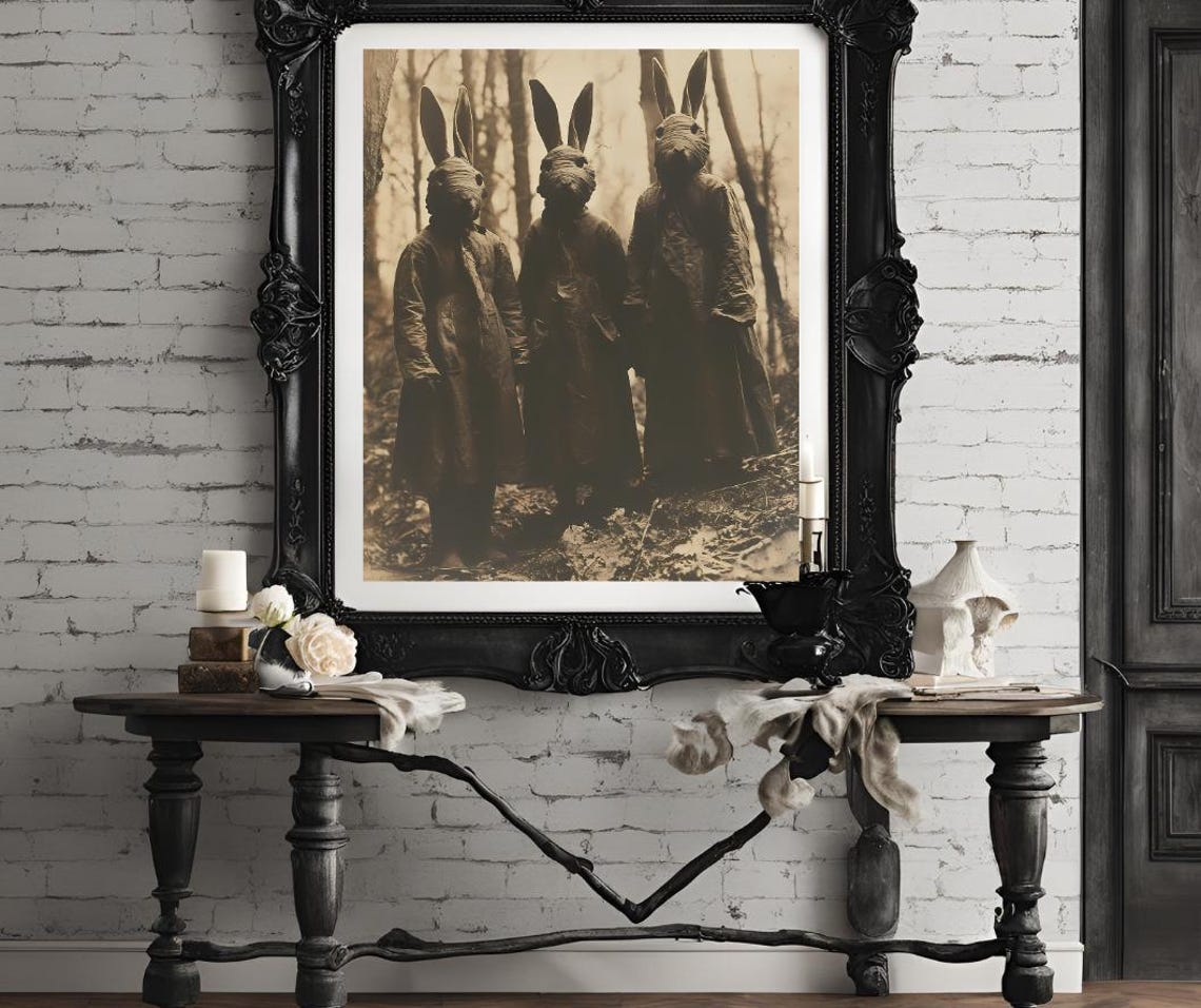 Creepy Rabbit Masked Figures Vintage Forest Photo Style Art Poster - Image 4