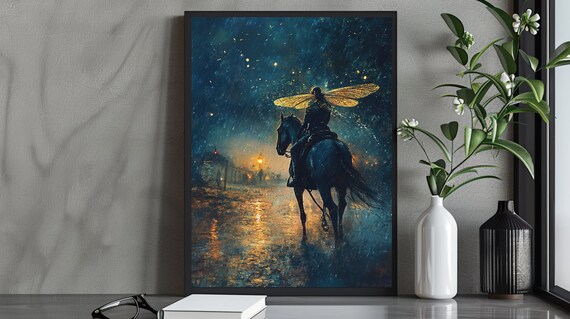 Mystical Winged Fairy Riding Black Horse Through Rainy Night City Poster