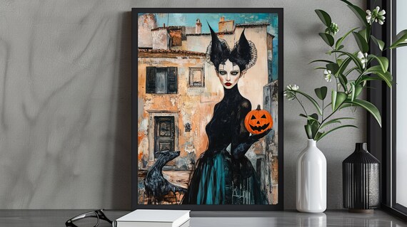 Elegant Witch With Jackolantern Illustration Gothic Halloween Art Print Dark Fantasy Decor