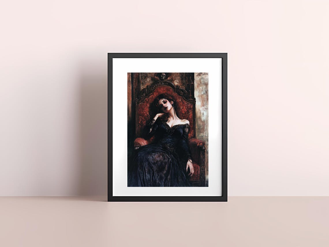 Victorian Art Gothic Woman In Ornate Red Chair Elegant Dark Wall Art Gift For Her - Image 4