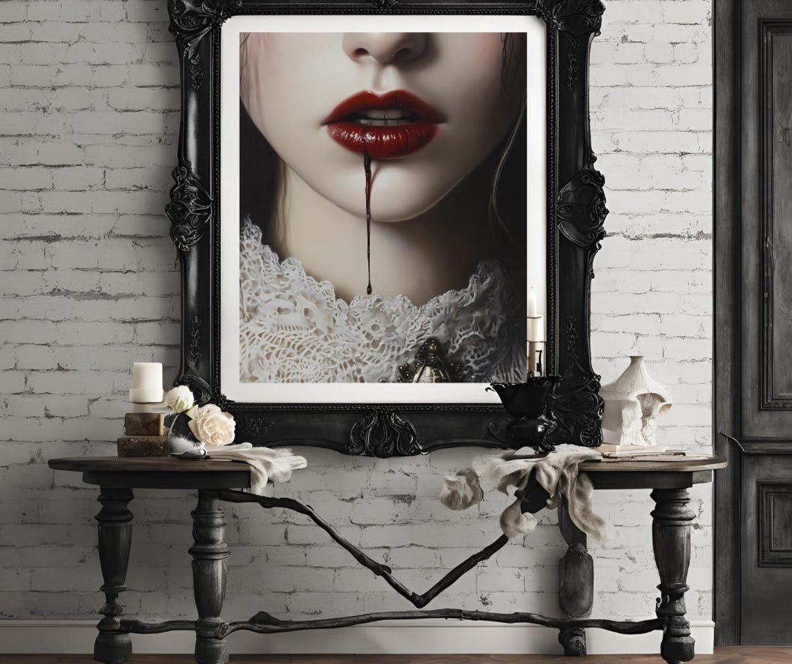 Dark Romance Gothic Vampire Woman Art Portrait Dark Moody Oil Painting Dark Academia Decor Blood Art Instant Print - Image 4