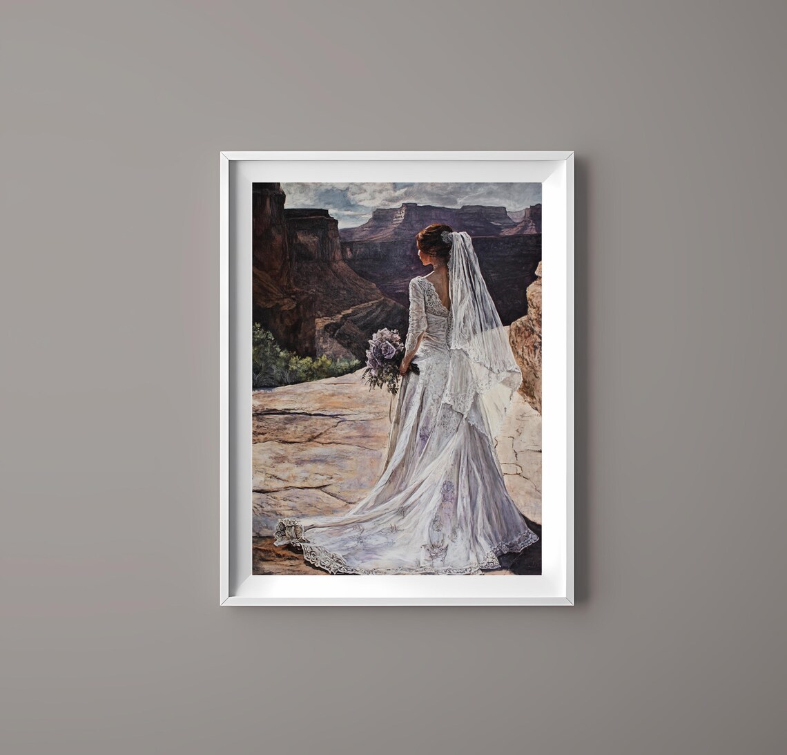 Elegant Bride in a Flowing White Dress at a Canyon Overlook Poster - Image 4