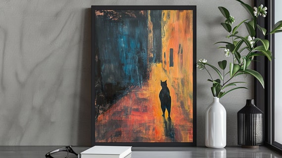 Atmospheric Mysterious Dog Art Print Silhouette In The Alley Urban Night Scene Wall Abstract Decor
