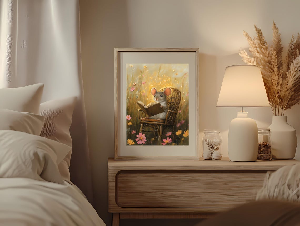 Charming Little Mouse Reading a Book in a Sunlit Flower Meadow Poster - Image 3