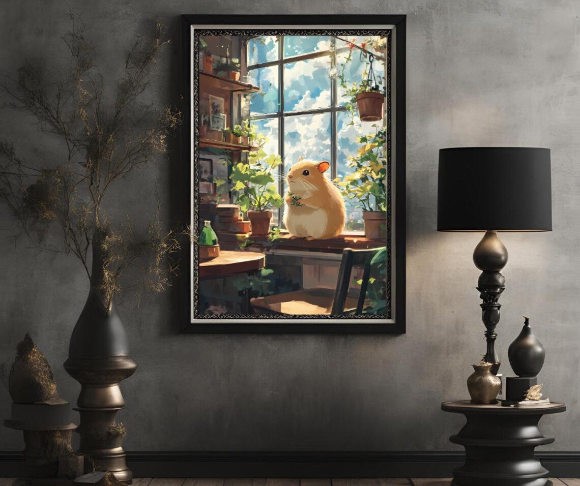 Cozy Hamster Botanical Window Sunny Anime Style Animal Art Poster - Image 2
