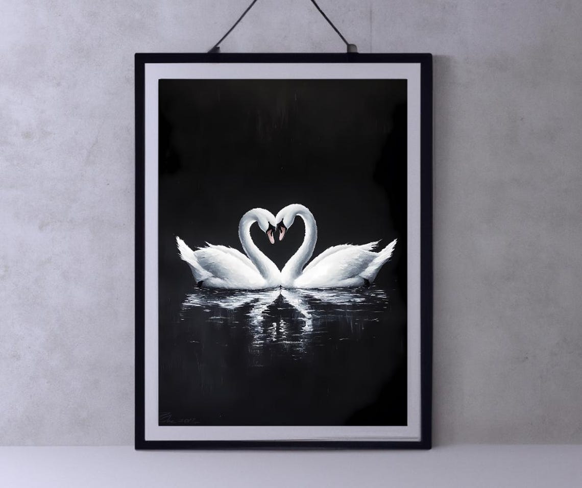Two White Swans Forming Heart Love Painting Romantic Dark Wall Art