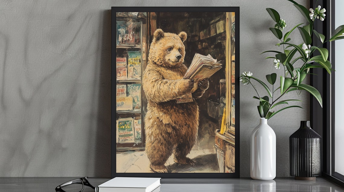 Charming Brown Bear Reading Newspaper in Bookshop Vintage Poster