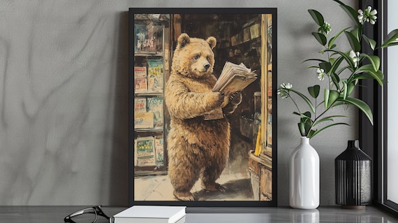 Charming Brown Bear Reading Newspaper in Bookshop Vintage Poster
