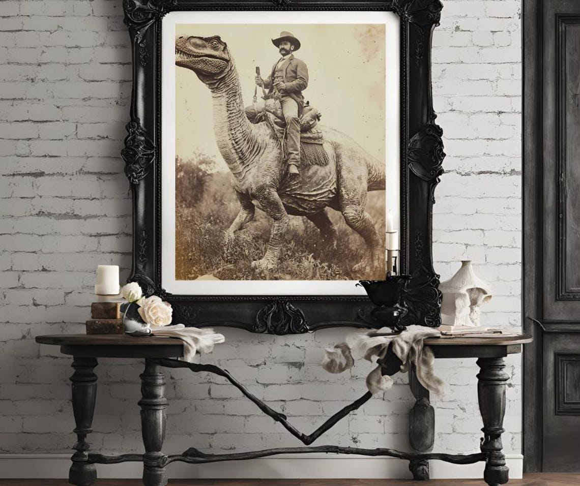 Dinosaur Cowboy Vintage Photography Art Poster Print Dark Academia Gothic Occult Poster Gothic Home Decor Western Jurassic - Image 4