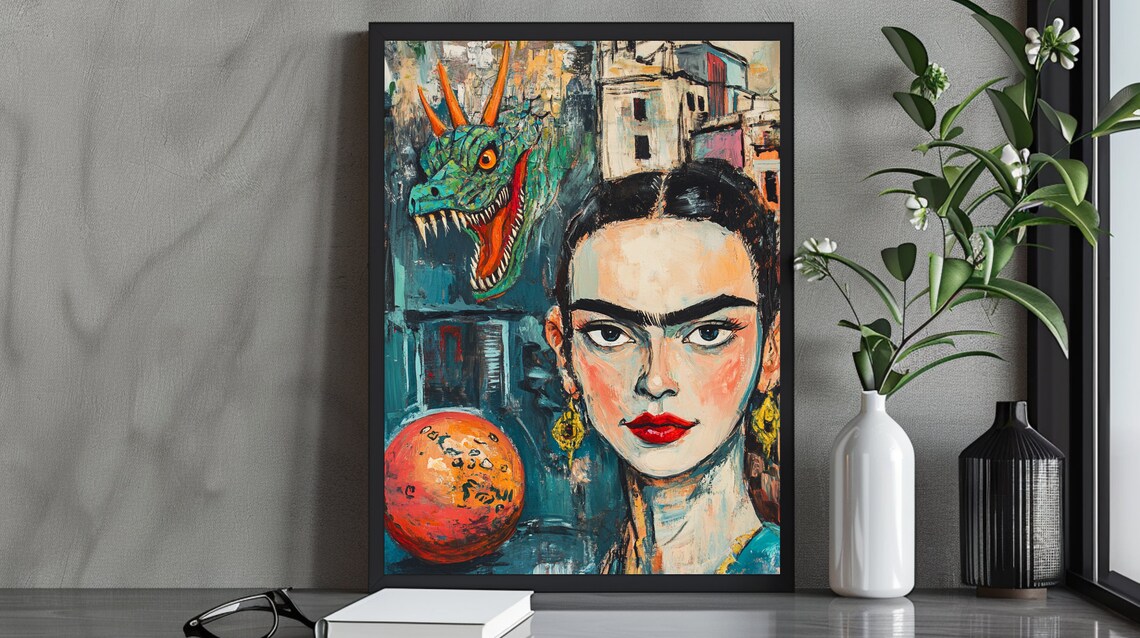 Frida Kahlo Inspired Portrait Dragon Poster Colorful Mexican Folk Art Bold Painter