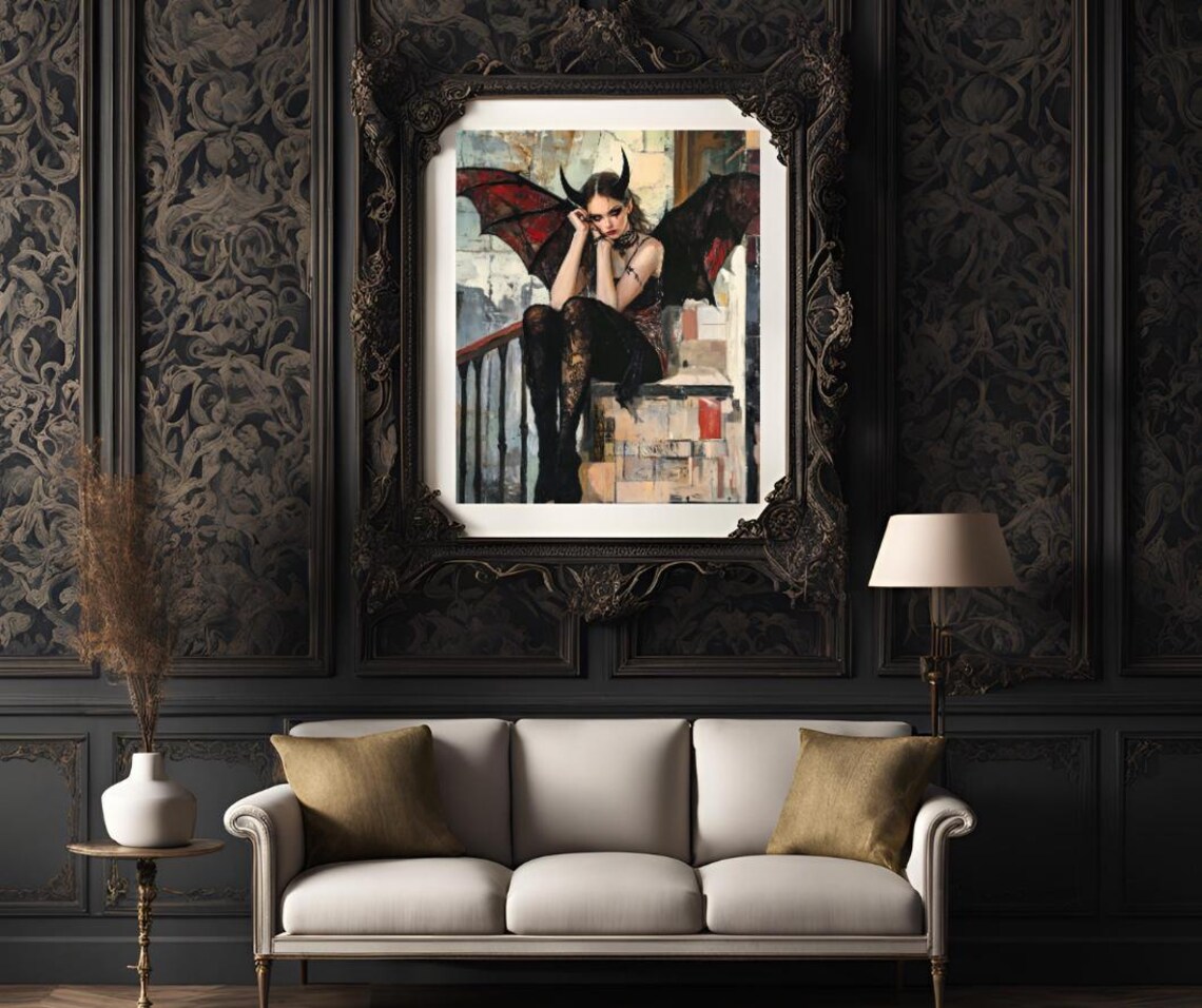 Gothic Demon Woman Red Winged Dark Fantasy Portrait Art Print - Image 3