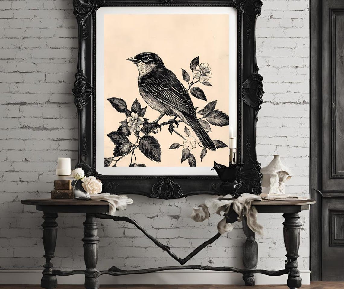 Vintage Songbird Perched On Flowering Branch Engraving Art Poster - Image 4