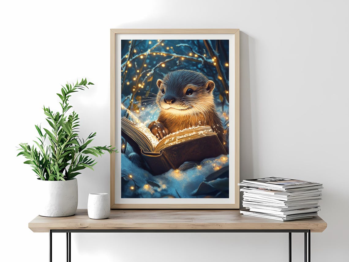Magical Otter Reading Glowing Book in Snowy Winter Forest Poster - Image 4