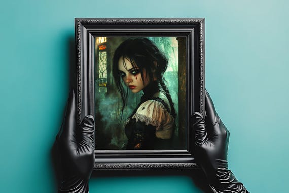 Haunting Gothic Portrait Mysterious Woman With Piercing Green Eyes Dark Fantasy Wall Art Instant