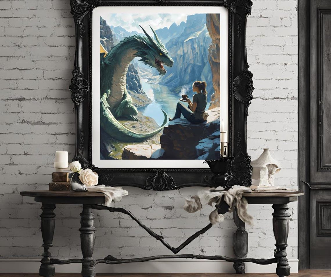 Fantasy Dragon Encounter Art Woman With Coffee And Green Dragon Epic Scenic Wall Decor Gift For Fantasy Lovers - Image 4