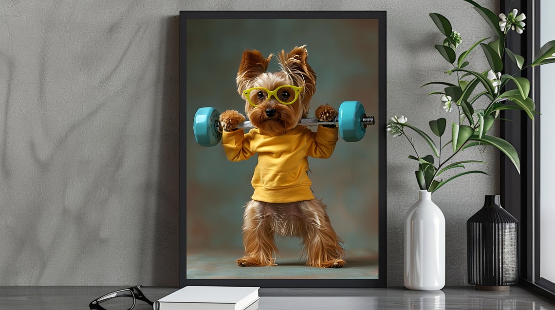 Funny Yorkshire Terrier Lifting a Barbell in a Gym Workout Poster