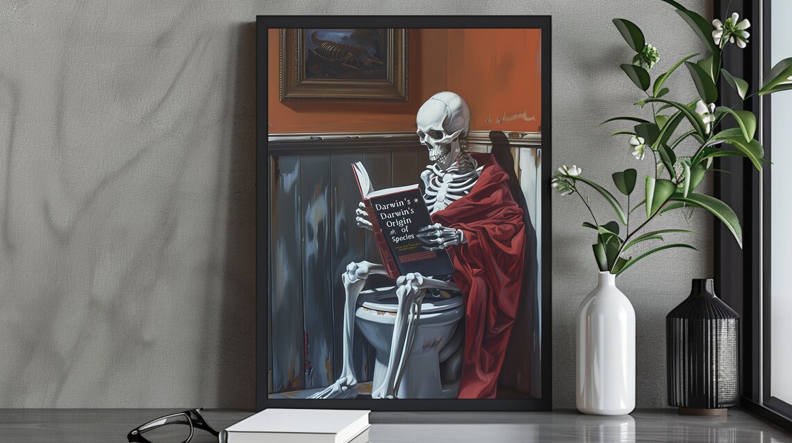 Skeleton Reading Darwin's Origin of Species on the Toilet Poster