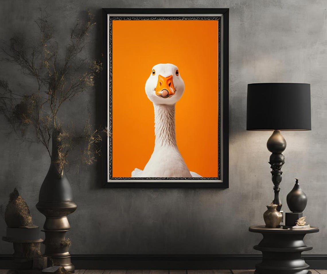 Playful White Goose Portrait Bold Orange Background Modern Art Poster - Image 2