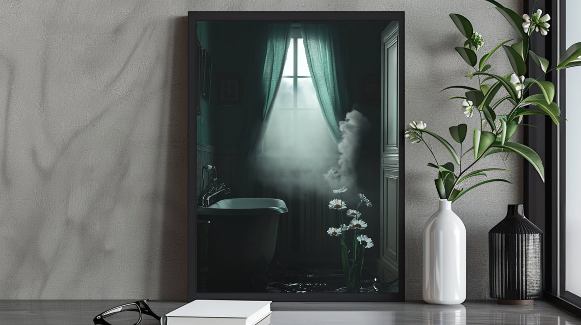 Moody Dark Bathroom With Daisies In Mist Green Curtains Poster