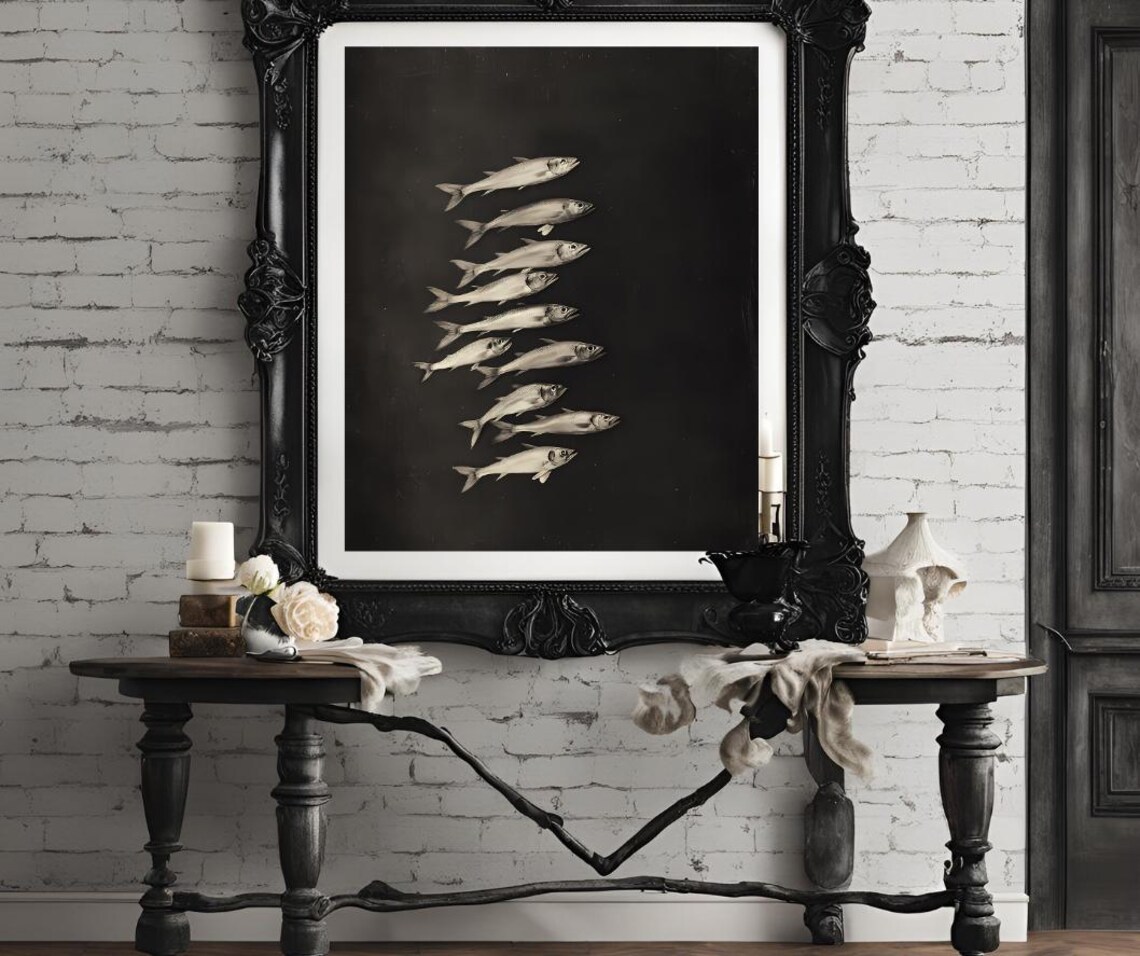 School of Fish Silhouettes on Black Vintage Nautical Art Poster - Image 4