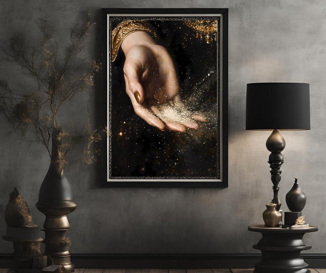 Close-Up Hand Holding Golden Stardust on Dark Celestial Art Poster - Image 2