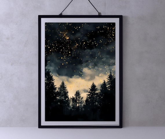 Golden Starry Sky Over Pine Forest Silhouettes Night Clouds Poster