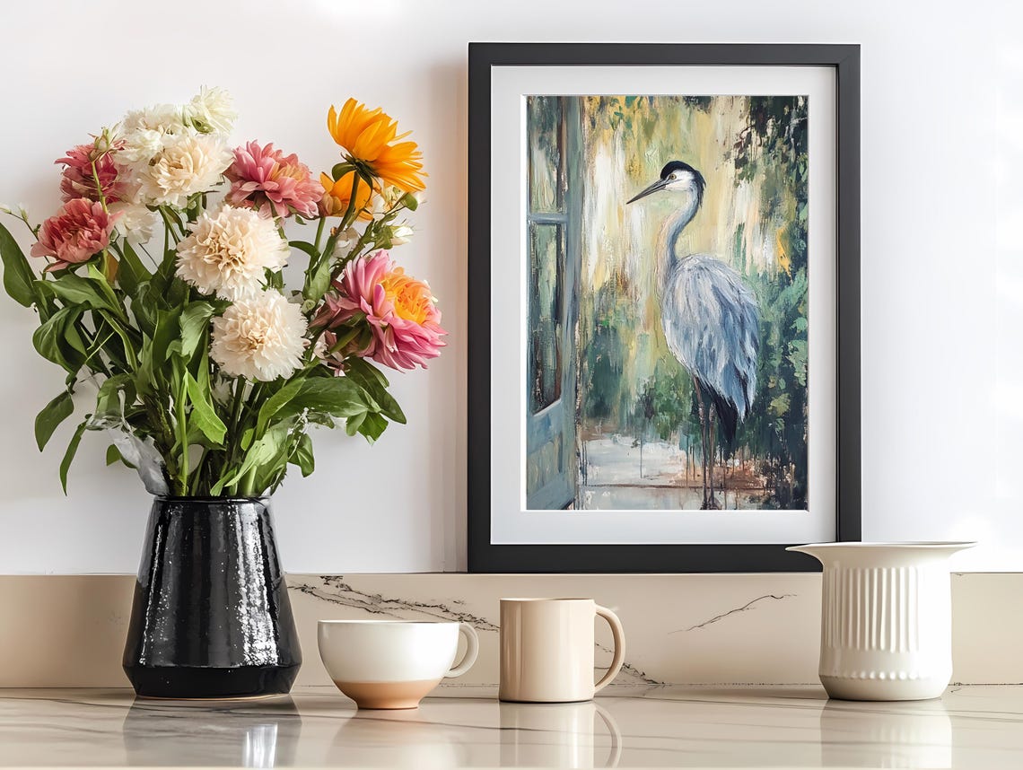 Elegant Grey Heron in a Sunlit Garden Impressionist Art Poster - Image 4