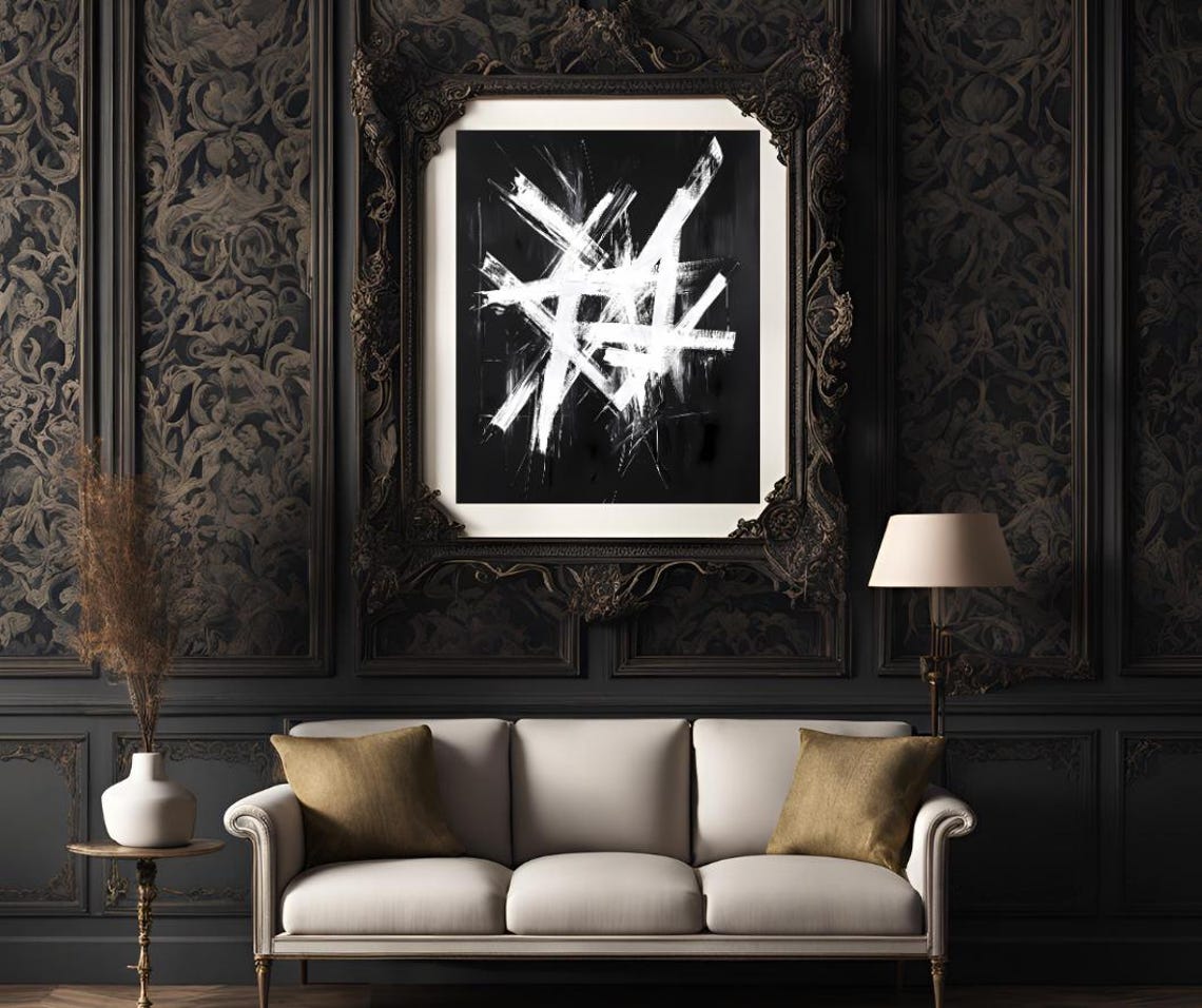 Bold White Brush Strokes On Black Modern Abstract Art Poster - Image 3