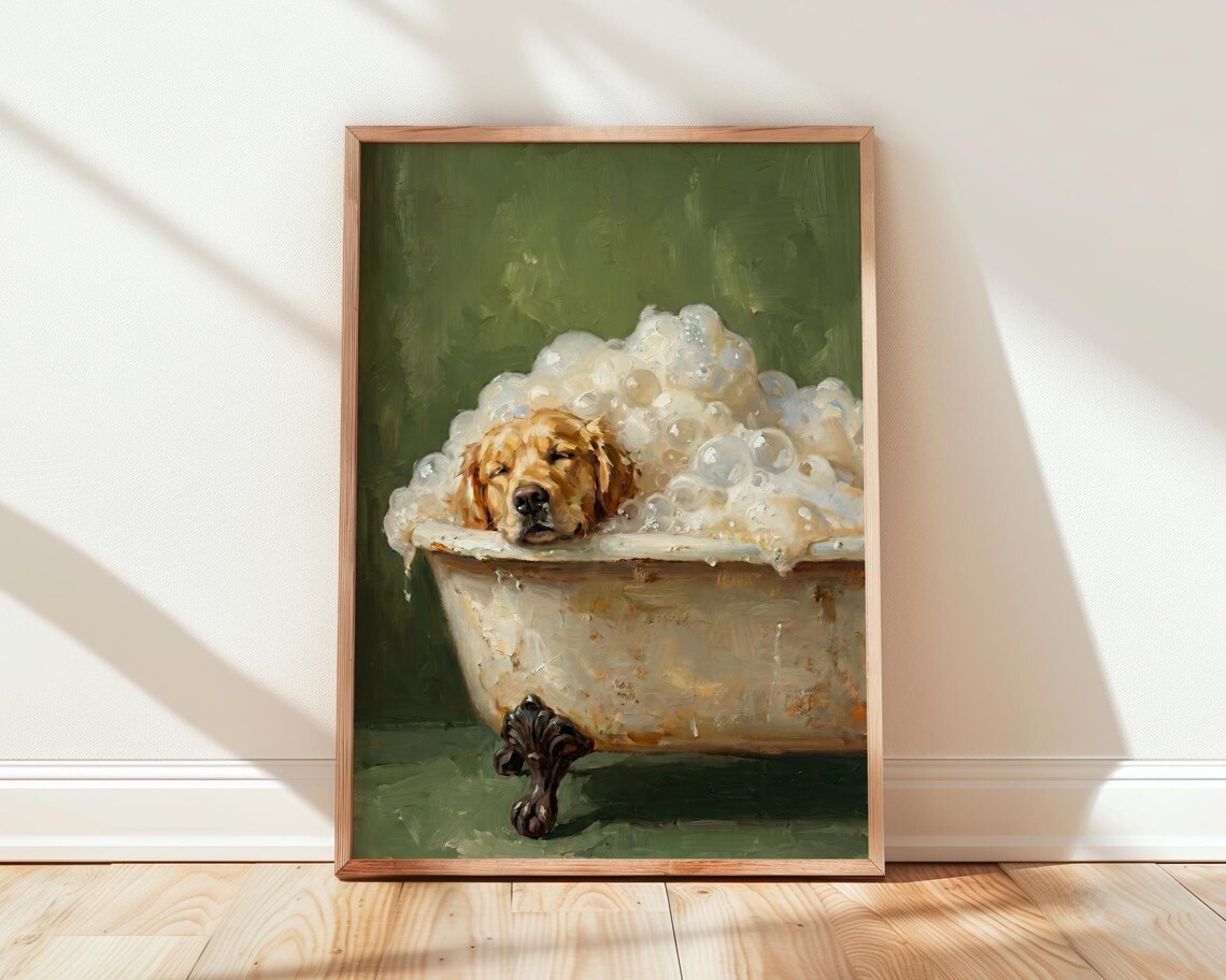 Golden Retriever In Bath Print Whimsical Dog Wall Art