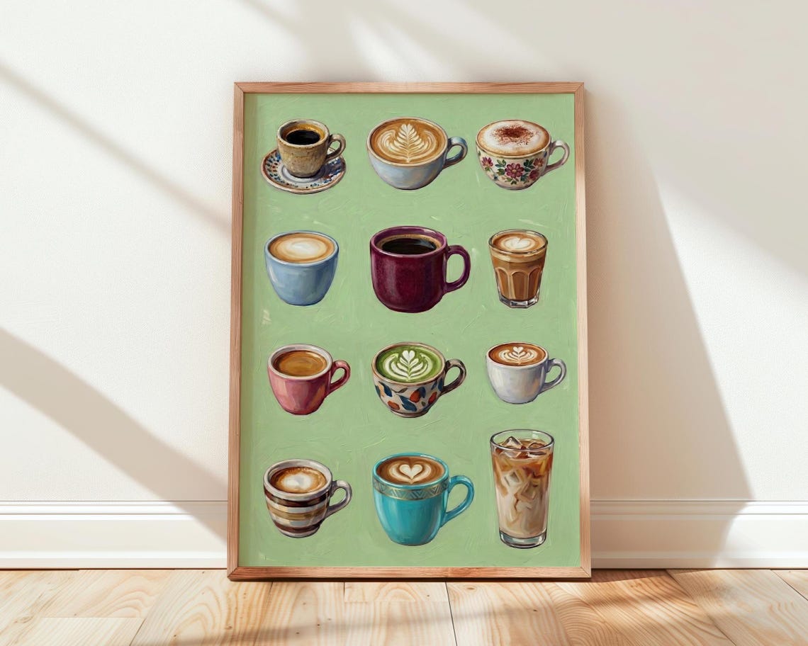 Twelve Coffees Painted Coffee Cups Green Kitchen Decor Poster